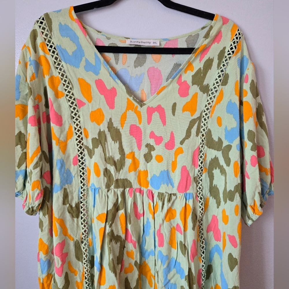 Rusttydustty Neon Abstract Leopard Print Babydoll Dress Crochet Trim Plus 2XL - Picture 3 of 7
